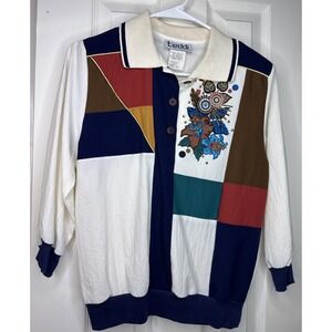 Vtg Teddi Blouse Grandmacore Patchwork Collared Windbreaker Petite M Floral
